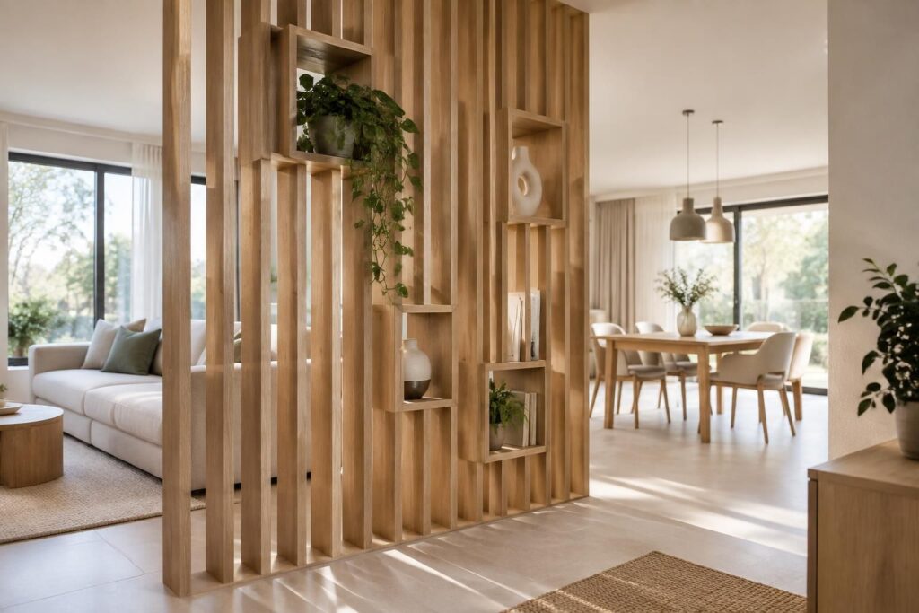 Claustra bois avec niches : idées déco pour séparer vos espaces intérieurs avec style