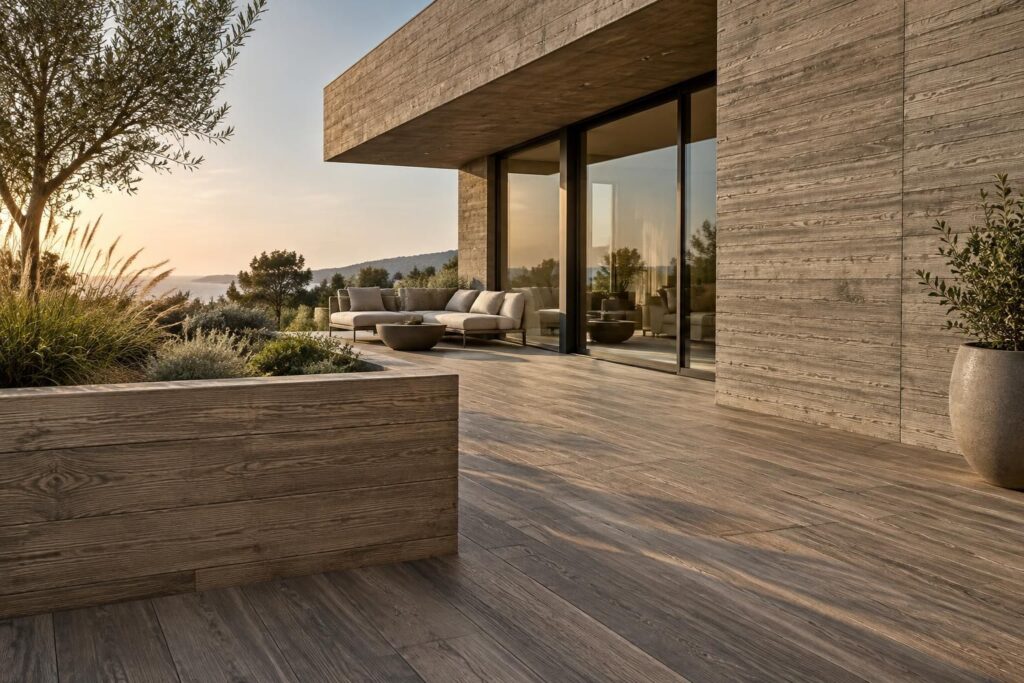 Béton matricé extérieur : techniques pour façade, sol et décor imitation bois